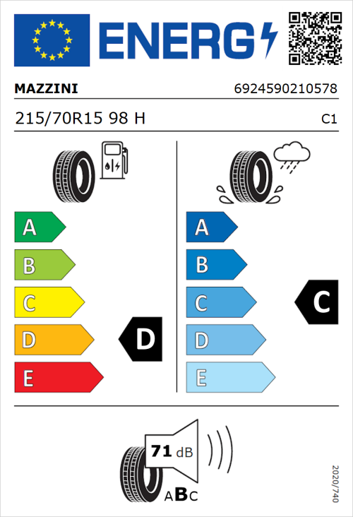 Tyre Label for Mazzini Ecosaver 215/70R15 98H