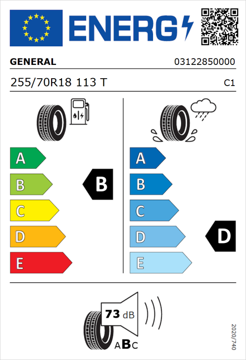 Tyre Label for General Grabber A/T Sport-W 255/70R18 113T